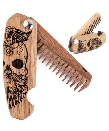Wooden Beard Comb for Men Folding Pocket Comb for Moustache Beard & Hair Walnut Combs with the Engraving (Sugar Skull)