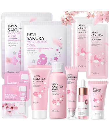 SHOWHEEL Sakura Facial Care Set 11Piece Daily Skin Care Set with Cleanser Toner Hydration AntiAging Sakura Skin Care Set for Teenage Girls and Women
