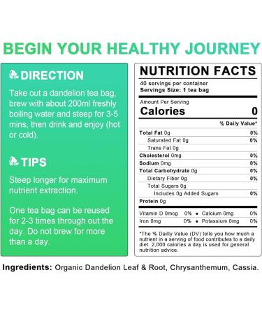 Organic Dandelion Root Tea with Chrysanthemum & Cassia - Digestion & Immune Support - 40 Tea Bags - Buy Online on GoSupps.com