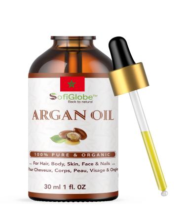 SofiGlobe Argan Oil  Organic 100% pure  cold pressed and unrefined. Your best cosmetic care for hydrated skin  smooth hair and healthy nails. in a dark glass bottle and a dropper.(1 Oz/30 ml) 1 Fl Oz (Pack of 1)