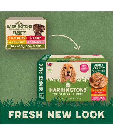 Harringtons Grain Free Hypoallergenic Wet Dog Food Variety Pack 16x400g - Chicken Beef Turkey & Salmon - All Natural Ingredients400 g (Pack of 16) Packaging may vary - Buy Online on GoSupps.com