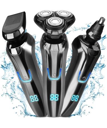 Electric Razor for Men JIAABCHOMO 3 in 1 Electric Shavers IPX7 Waterproof Wet and Dry Shavers for Men Cordless Rechargeable Rotary Shavers Sideburn Nose Trimmer with LCD Display Black