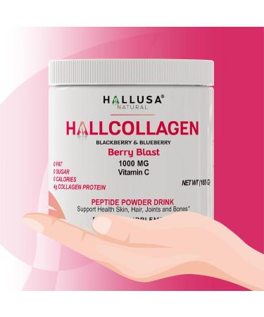 Hallusa Natural Hydrolyzed Collagen Peptides Powder 1000mg with Vitamin C | BlackBerry & Blueberry Flavor | 4g Collagen per Serving | Healthy Hair Skin Nails Bone & Joint Support - Buy Online on GoSupps.com