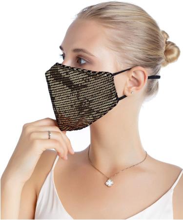 Yimidear Adult Bling Mouth Protection Mask - Reusable Washable Dust Mask with 2 Active Coal Filters for Running & Cycling - Gold Sequin Design - Buy Online on GoSupps.com