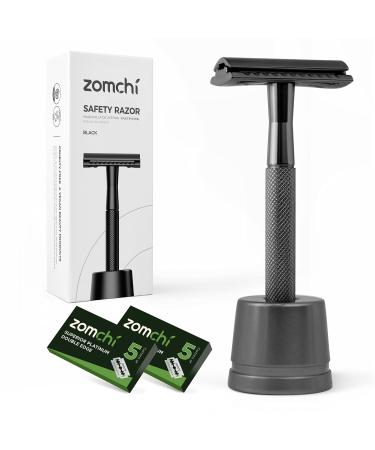 Black stainless steel safety razor with base and 10 blades | Fits all recyclable double edge blades Black suit - Buy Online on GoSupps.com