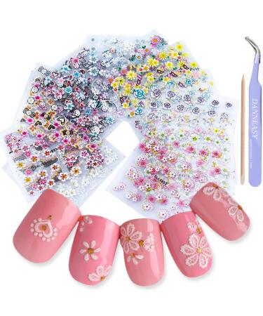 DANNEASY 30 Sheets Self-Adhesive Nail Art Stickers Butterfly Flower Nail Stickers 5D Nail Decals for Women Girl Kids Nail Decoration Kit Nail Accessories with 1pc Nail Tweezers, Cuticle Stick Colorful Flower
