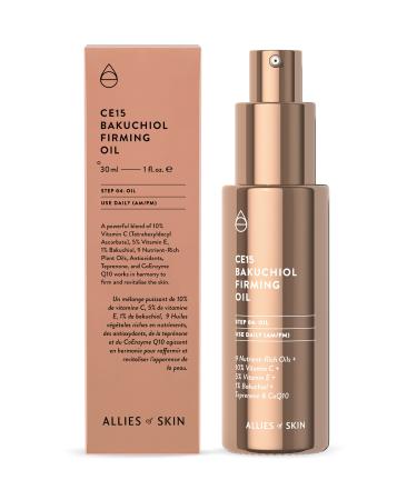 Allies of Skin CE15 Bakuchiol Firming Oil: Firming Facial Oil with 10% Vitamin C 5% Vitamin E 1% Bakuchiol Retinol 3% Renovage . 30 ml/ 1 oz