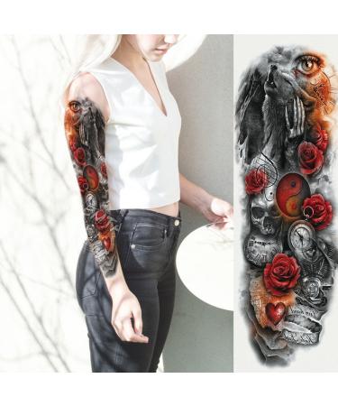 6 Sheets Full Arm Waterproof Black Skull Rose Temporary Tattoos for Men and Women - Extra Large Body Art Sticker Fake Tattoo - Buy Online on GoSupps.com