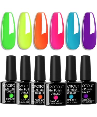 Croitout UV Gel Nail Polish Set Shellac Nail Gel Polish Colours Set Sock Off Gel Nail Polishes Set Glow in the Dark Neon Gel Polish Kit for Home DIY Manicure Nail Salon 6 x 7.3ml 6CS-006 7.3 ml (Pack of 6)