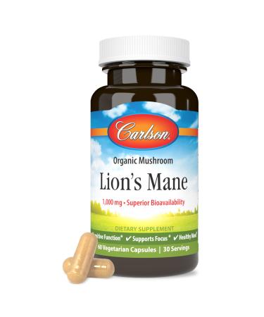 Carlson - Lion's Mane Organic Mushroom Cognitive Function Mood Health Digestive Support Non-GMO 60 Vegetarian Capsules 60 Count (Pack of 1)