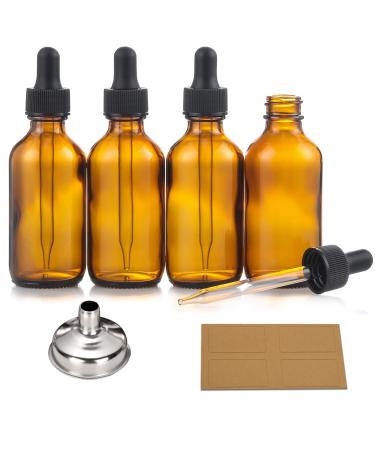 AOZITA 4 Pack 2 oz Dropper Bottles with 1 Funnels & 4 Labels - 60ml Thick Dark Amber Glass Tincture Bottles with Eye Droppers - Leakproof Essential Oils Bottles