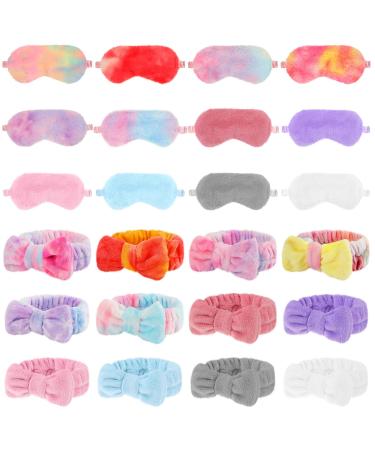 Xuhal 24 Pcs Sleepover Party Favors for Teenager Girl  Solid Color and Tie Dyed Spa Headband Plush Eye Mask Bow Makeup Headbands Head Wraps Sleep Blindfold Masks Eye Cover for Sleepover Birthday Party