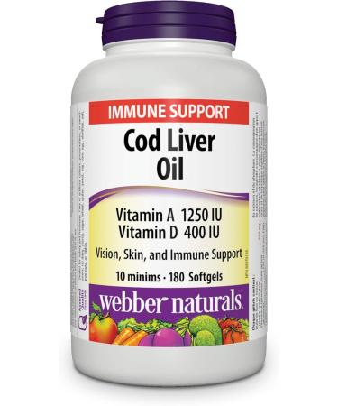 Webber Naturals Cod Liver Oil with Vitamin A and D3 180 Softgels Vision Skin and Immune Support & Omega-3 Fish Oil 1 000 mg 210 Softgels Supports Cardiovascular Health and Brain Function Vitamin + Oil 1 000 mg - Buy Online on GoSupps.com