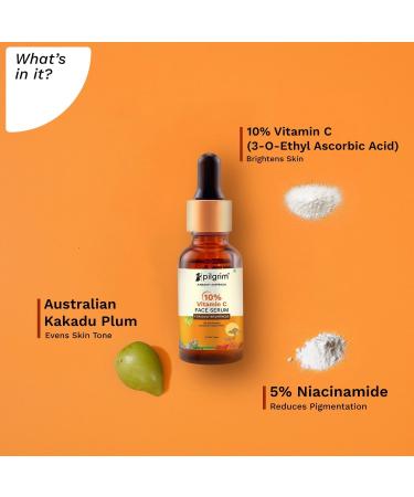 Pilgrim 10% Vitamin C Face Serum For Daily Brightness 30 ml | Face serum for glowing skin | Reduces Dark Spots & Evens Skin Tone | Fragrance Free | For Men and Women | All Skin Types | - Buy Online on GoSupps.com