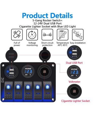 FXC Waterproof Marine Boat Rocker Switch Panel 5 Gang + Dual USB & Volt Meter | Blue LED Light | for Car, RV, Truck - Buy Online on GoSupps.com