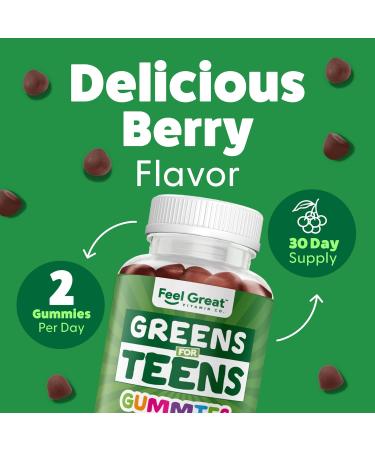 Feel Great Super Green Gummies Teen Vitamins | Vegan Veggie Gummy Multivitamin for Teens | Fruit and Vegetable Supplement | Veggie Fiber Supplement | 60 Count Teen Greens - 60 Count - Buy Online on GoSupps.com