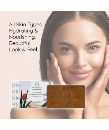 Juicy Chemistry Certified Organic Natural Soap Bar for Women | Skin Brightening & Rejuvenation with Damask Rose Geranium & Saffron | 90g International Shipping - Buy Online on GoSupps.com
