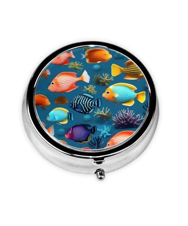 Submarine Reef Fishround Pill Box 3 Compartment Round Pill Box Organizer # Portable Travel Pill Box for Traveling.
