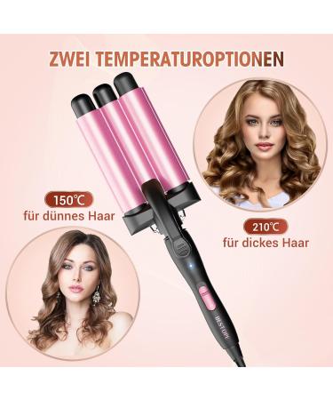 3-Barrel Curling Iron for Beach Waves - Adjustable Fast Heating Wave Iron for Long & Short Hair - Pink - Buy Online on GoSupps.com