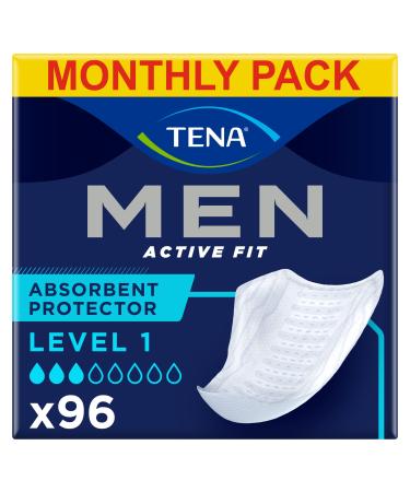 TENA Men Absorbent Protector Incontinence Pads Level 1 for Light Bladder Weakness 96 Incontinence Pads (12 x 8 packs) for Men Specially Engineered for a Man's Body Length 23cm 96 Count (Pack of 1)