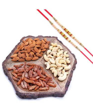 Ghasitaram Gifts Rakhi Gifts for Brothers Dryfruit - Hexagon Log Platter with Cashews Almonds and Chilly Raisins with 2 Pearl Rakhis