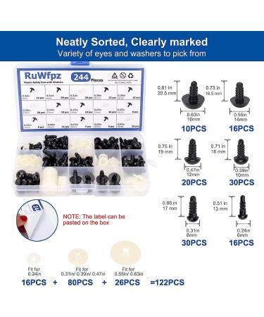 244Pcs Black Plastic Safety Eyes for Amigurumi Crochet - 6-16mm Stuffed Animal Eyes with Washers - 6 Sizes for Crafts, Dolls, Bears, Plush Animals - Buy Online on GoSupps.com