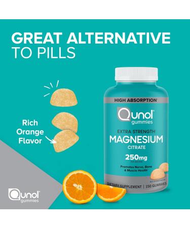 Qunol 250mg Extra Strength Magnesium Citrate Gummies for Adults - 150 Count | High Absorption Magnesium Supplement for Nerve, Bone, and Muscle Health | Vegetarian - Buy Online on GoSupps.com