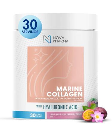 NOVA PHARMA Marine Collagen Powder with Hyaluronic Acid - Hydrolyzed Collagen Peptides Protein Powder Supplement for Anti-Aging Skin Health Nail & Hair Growth 30 Servings (Lotus & Passion fruit)