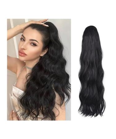 Ponytail Extension Black Wave Ponytail for Black Women Synthetic Long Wavy Ponytail Hair Synthetic Drawstring Ponytail Clip in Hairpiece Ponytail Hair Extension(Black)