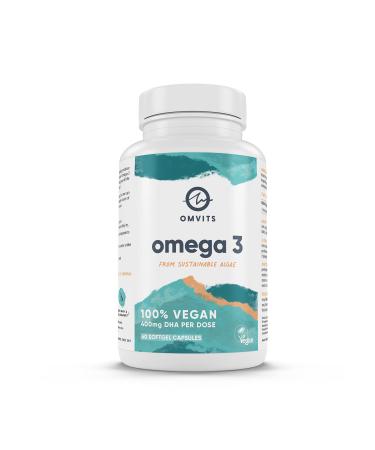 Omvits Vegan Omega 3 DHA from Algae Oil 1000mg - 60 Softgel Capsules with Vitamin E - Sustainable Algal Alternative to Fish Oil - Vegetarian Essential Fatty Acids - Supports Heart Brain & Eyes