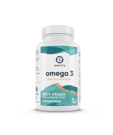 Omvits Vegan Omega 3 DHA from Algae Oil 1000mg - 60 Softgel Capsules with Vitamin E - Sustainable Algal Alternative to Fish Oil - Vegetarian Essential Fatty Acids - Supports Heart Brain & Eyes - Buy Online on GoSupps.com