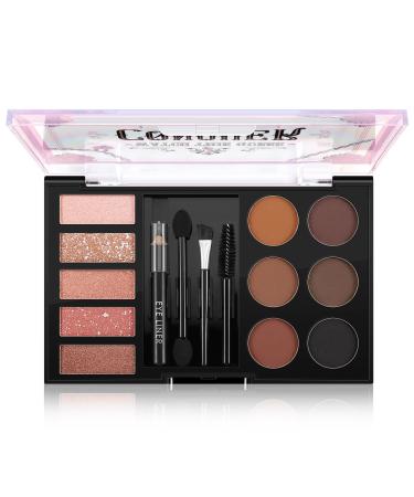 Boobeen Eyebrow Powder Palette Set 6 Colors of Eye Brow Powder 5 Colors of Shimmer Eyeshadow 1 Eye Liner Pencil & 3 Eyebrow Brush to Define & Shape & Fill Brows Create Naturally Looking Eye Makeup 1#