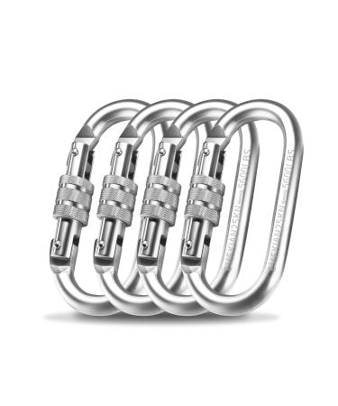 Emekian oval carabiner for indoors and outside heavy load screw carabiner with screw cap 25 kN (2500kg) for hammock rope hiking camping silver*4 pieces