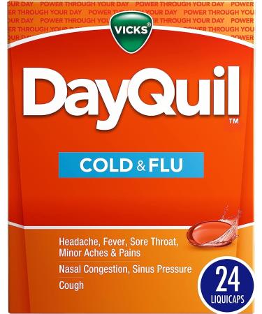 Vicks DayQuil Cold & Flu Medicine Non-Drowsy Powerful Multi-Symptom Daytime Relief For Headache Fever Sore Throat Minor Aches And Pains Nasal Congestion Sinus Pressure and Cough 24 Liquicaps - Buy Online on GoSupps.com