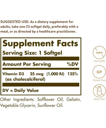 Solgar Vitamin D3 25 mcg (1000 IU) - Bone & Teeth Health Support - Immune System Booster - Non-GMO, Dairy, and Gluten Free - 100 Count - Buy Online on GoSupps.com