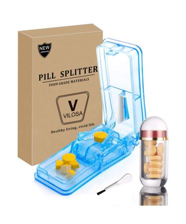 Pill Cutter | Best Pill Cutter for Small or Large Pills | Design in The USA| Cuts Vitamins | Pill Splitter with Crystal Acrylic Pill Box (Blue)