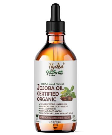 100% Natural And Organic Cold Pressed Jojoba Oil 120ml For Face Body Hair Beard Nails - Vegan and Cruelty Free - Glass Bottle & Dropper 120.00 ml (Pack of 1)