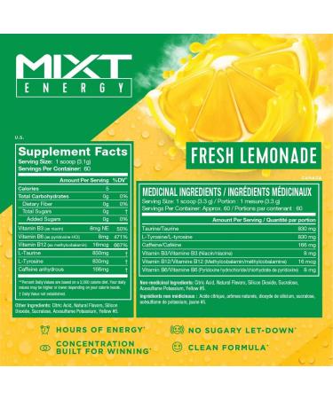 MIXT Energy Drink Mix Energy Powder 8 Hour Energy Formula Designed for Concentration Focus and Hours of Energy Without the Crash Sugar Free (60 Servings Lemonade) - Buy Online on GoSupps.com