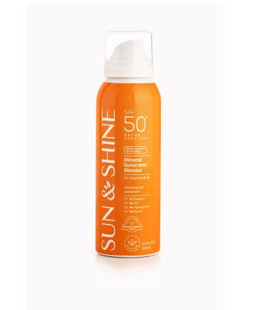 SUN & SHINE MINERAL SUNSCREEN MOUSSE: SPF50 Broad Spectrum UVA UVB  Face Body Protection  Sunburn Spray Zinc Oxide  Sensitive Skin  3.4 Oz