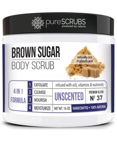 pureSCRUBS Premium Organic Brown Sugar UNSCENTED FACE & BODY SCRUB Set - Large 16oz, Infused With Organic Essential Oils & Nutrients INCLUDES Wooden Spoon, Loofah & Mini Exfoliating Bar Soap