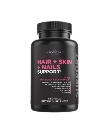 Livingood Daily Hair Skin & Nails Supplement 14-in-1 Formula with Biotin Collagen Keratin Bamboo Selenium Folate B12 Zinc and More Beauty Supplement for Women & Men Gluten Free 60 Capsules