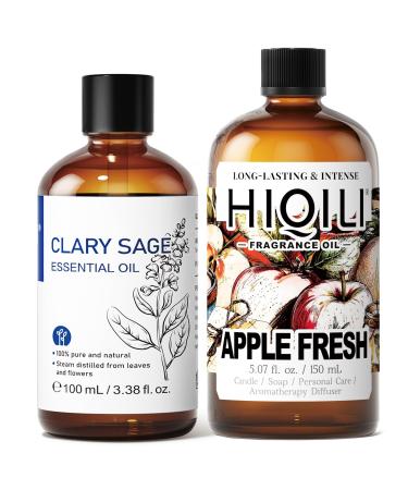 HIQILI 100ML Clary Sage Essential Oil & 150ML Apple Fresh Fragrance Oil for DIY Diffuser