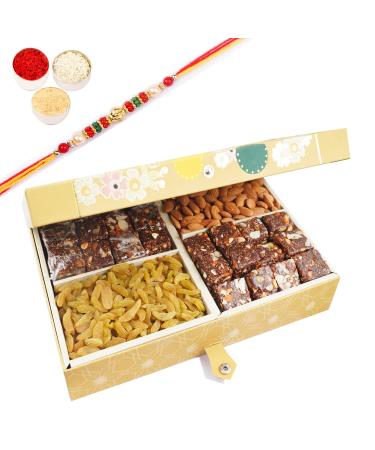 Ghasitaram Gifts Rakhi Gifts for Brothers 4 Part with Almonds Raisins and Sugarfree Bites 1000 GMS with Beads Rakhi Almonds Raisins and SF Bites 1000 GMS with Rakhi