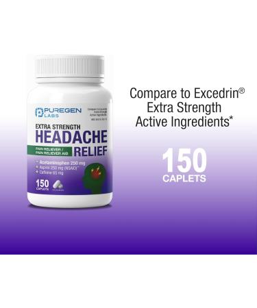 Puregen Labs Extra Strength Headache Caplets Aspirin 250 mg (NSAID) Caffeine 65 mg 150 Count - Buy Online on GoSupps.com