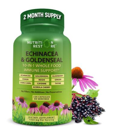 Echinacea Goldenseal Capsules - 10 in 1 Immune Support Supplement - 1455mg - Vegan Echinacea Capsules Supplement Made with Organic Whole Foods - Herbal Immune System Support - 2 Month Supply 120 Count (Pack of 1)