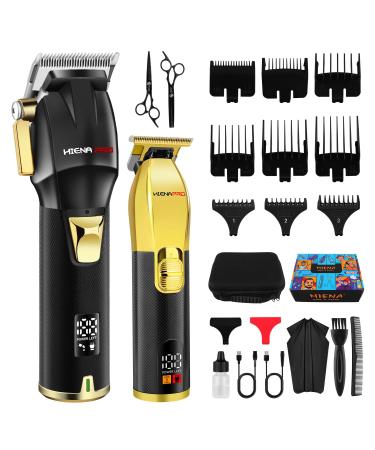 HIENA PRO Professional Hair Clippers Set for Men Cordless Barber Kit for Haircut Clippers and Trimmers Set Hair Cutting Kit with LED Display & Rechargeable USB Gifts for Men (Black Gold)