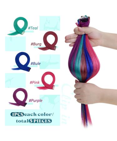 Runature Colorful Clip-In Hair Extensions - 40cm Real Hair - Blue Pink Teal - 5PCS 25g Party Hair - Buy Online on GoSupps.com