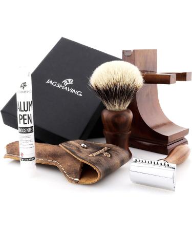 JAG Shaving Razor Set - Sustainable 4-Part Wooden Razor Set with Silberspitz Brush Double Edge Blades Stand & Leather Bag - Eco-Friendly Shaving Solution - Buy Online on GoSupps.com