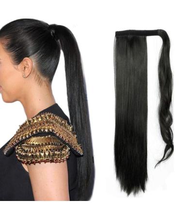 26 Inch Long Straight Wrap around Ponytail Extensions Synthetic Clip in Ponytail Hair Extensions Hairpiece for Women- Dark Black