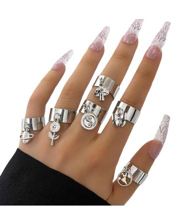 Yienate Punk Stackable Adjustable Rings Set - 6 Unique Open Finger Designs for Men & Women | Mushroom Butterfly & More - Buy Online on GoSupps.com